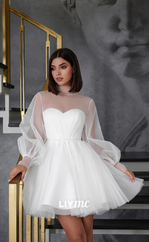 Don’t Miss These Deals LW220 - High Neck Long Sleeves Pleated Tulle Satin A Line Mini Wedding Dress