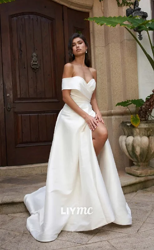 Massive Savings Event LW224 - One Shoulder Strapless Pleated Satin A Line Long Wedding Dress With Slit Massive Savings Event LW224 - One Shoulder Strapless Pleated Satin A Line Long Wedding Dress With Slit