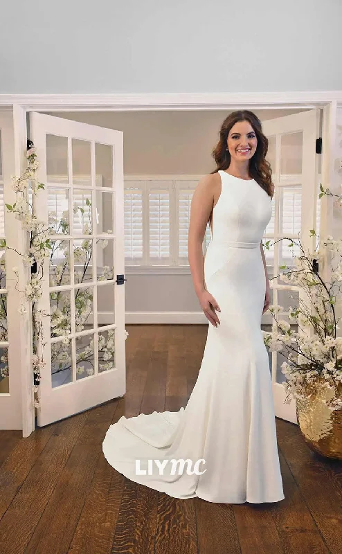 The Big Clearance LW227 - Mermaid/Trumpet Jewel Neckline Sleeveless Satin Long Wedding Dress The Big Clearance LW227 - Mermaid/Trumpet Jewel Neckline Sleeveless Satin Long Wedding Dress
