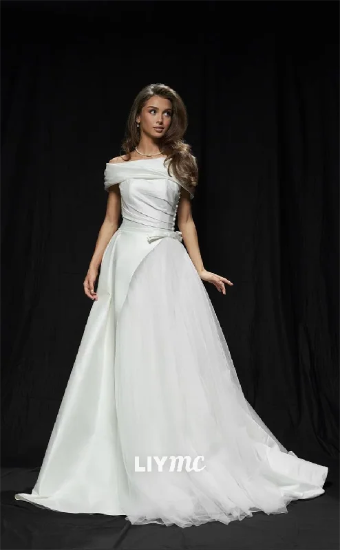 Shop & Save Today LW243 - A Line Off Shoulder Ruched Satin Tulle Long Wedding Dress