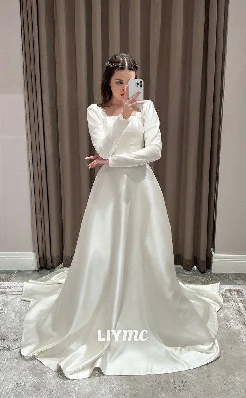 Hurry, While Stocks Last LW246 - A Line Square Neck Long Sleeves Pleated Satin Long Wedding Dress Hurry, While Stocks Last LW246 - A Line Square Neck Long Sleeves Pleated Satin Long Wedding Dress