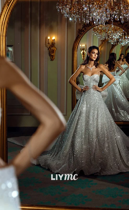 Time-Sensitive Offer LW251 - Sparkly Strapless Sequins Pleated A line Long Wedding Dress With Bow