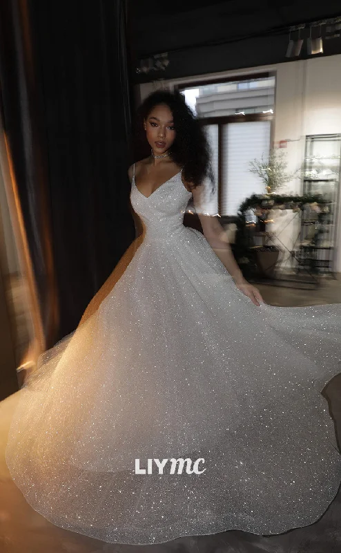 Today Only LW254 - Sparkly V Neck Pleated Tulle A Line Long Wedding Dress With Train