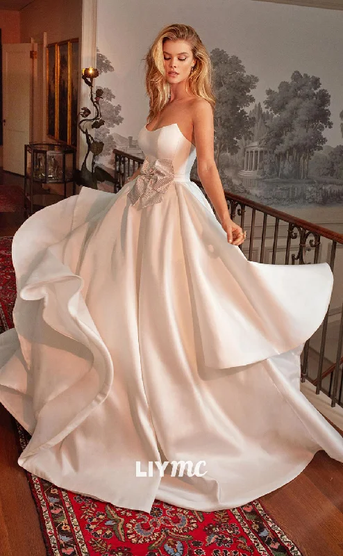 Massive Price Cuts LW255 - Romantic Strapless Tiered Satin A Line Long Wedding Dress With Bow
