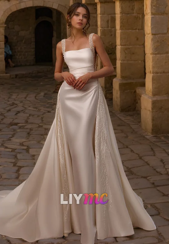 Get It Now LW280 - Square Neck Beaded Satin Long Wedding Dress With Removable Train