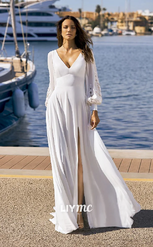 Limited Offer LW281 - A Line V Neck Long Sleeves Satin Lace Boho Wedding Dress With Slit