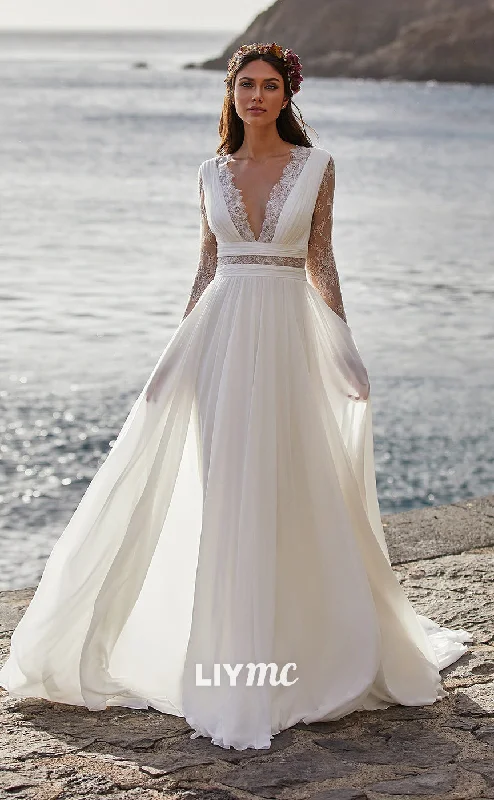 Today’s Flash Sale LW286 - A Line Low V Neck Sheer Lace Chiffon Boho Beach Long Wedding Dress