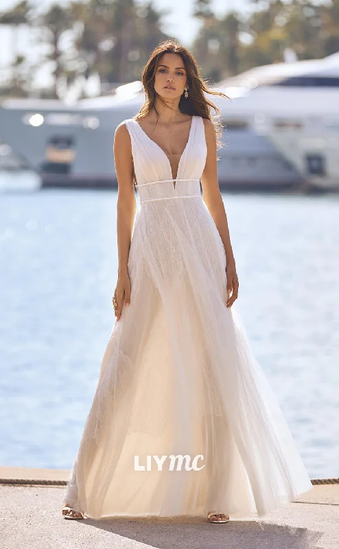 End-of-Season Sale LW288 - A Line V Neck Sleeveless Sheer Tulle Pleated Long Wedding Dress