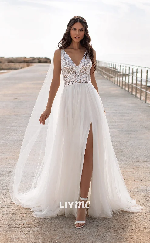 Clearance Event LW289 - A Line V Neck Lace Tulle Pleated Boho Beach Long Wedding Dress