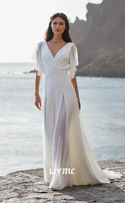 Unbeatable Bargains LW291 - A Line V Neck Cap Sleeves Lace Chiffon Long Boho Beach Wedding Dress