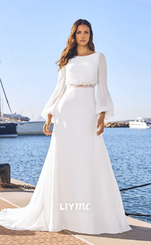 Limited Stock LW297 - A Line Scoop Long Sleeves Lace Satin Boho Beach Wedding Dress