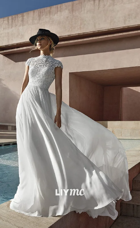 Today's Offer LW303 - A Line High Neck Backless Lace Chiffon Boho Beach Long Wedding Dress