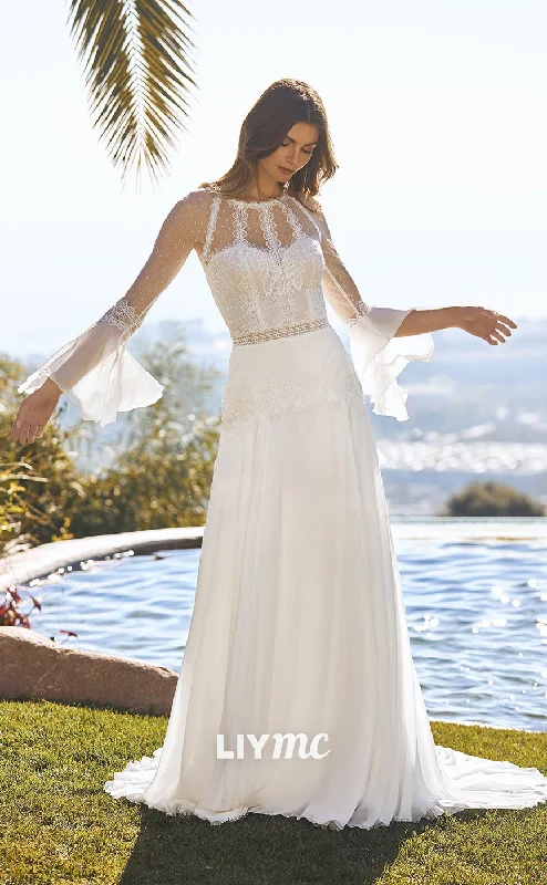 Big Savings LW304 - A Line Scoop Long Sleeves Sheer Lace Boho Beach Long Wedding Dress