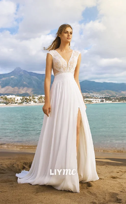 Shop Now, Save More LW305 - Low V Neck Cap Sleeves Lace Chiffon A Line Long Wedding Dress With Slit