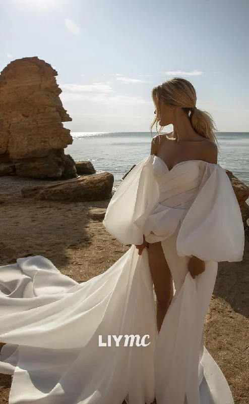 Massive Discounts LW312 - Sexy V neck Organza Draped Long Sleeves Boho Wedding Dress