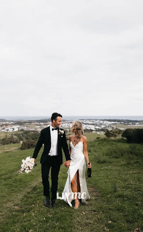 Weekend Exclusive Offers You’ll Love LW314 - Sexy V Neck Satin Ruched Beach Wedding Dress with Slit