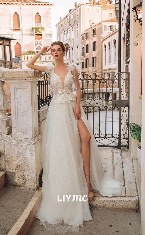 Flash Offer LW314 - A Line Plunging V neck Appliques Boho Wedding Dress with Slit