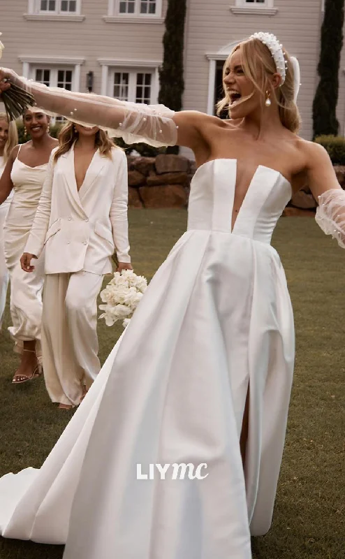 Weekend Discount Extravaganza LW315 - Plunging Deep V Neck Satin Elegant Rustic Wedding Dress with Slit