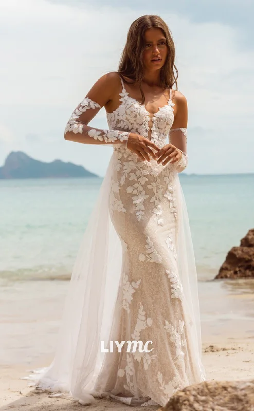 Seasonal Sale LW316 - Plunging V Neck Lace Mermaid Wedding Dress with Sleeves