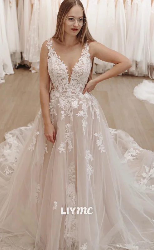 Weekend Flash Markdown LW319 - Plunging V Neck Lace Appliques A Line Wedding Dress