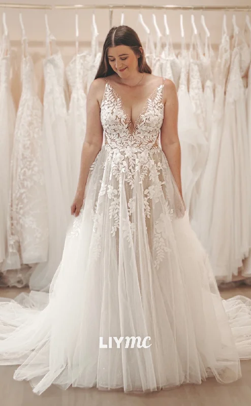 Weekend Bargain Time LW320 - A Line Plunging V neck Lace Appliques Rustic Wedding Dress