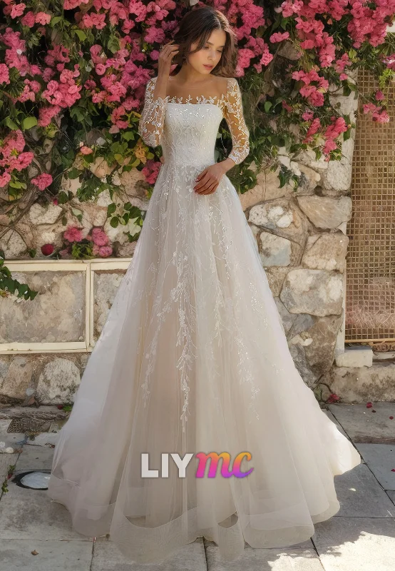 Weekend Only Steals LW322 - A Line Illusion Neckline Lace Appliques Long Sleeves Elegant Wedding Dress