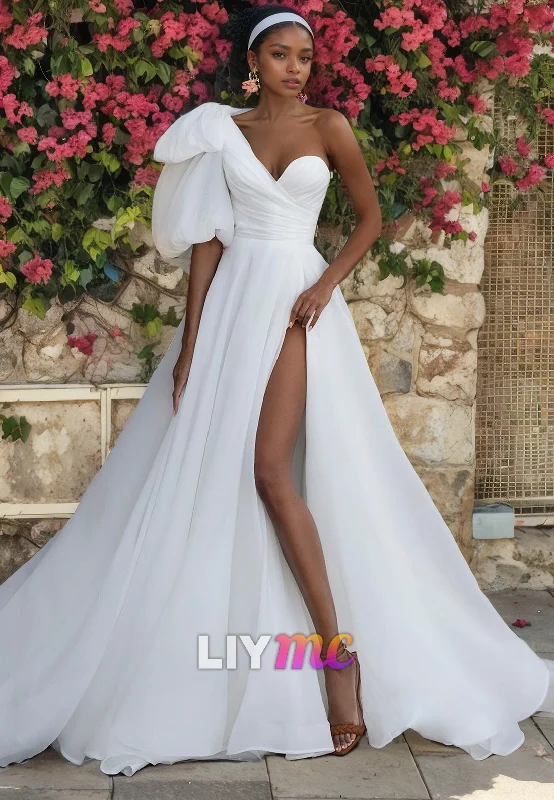 Weekend Offers You Love LW324 - A Line One Shoulder Pleats Elegant Wedding Dress with Slit