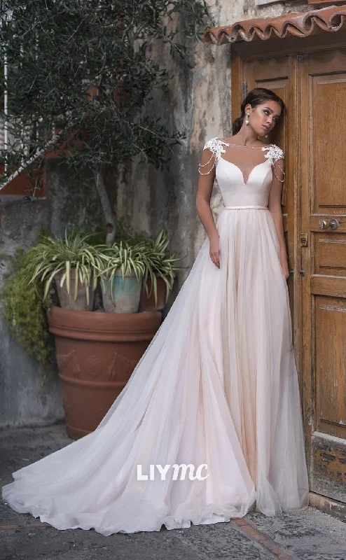 Weekend Closeout Deals LW324 - A Line Illusion Neckline Appliques Rustic Wedding Dress