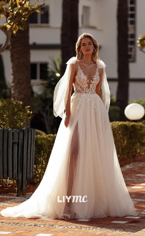 Weekend Flash Offers LW326 - A Line Illusion V Neck Lace Appliques Elegant Wedding Dress