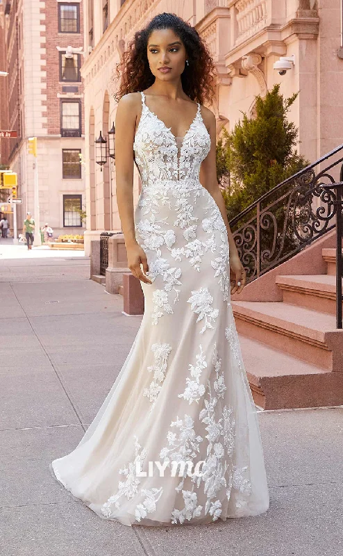 Weekend Only Savings LW329 - Plunging V neck Lace Appliques Mermaid Wedding Dress