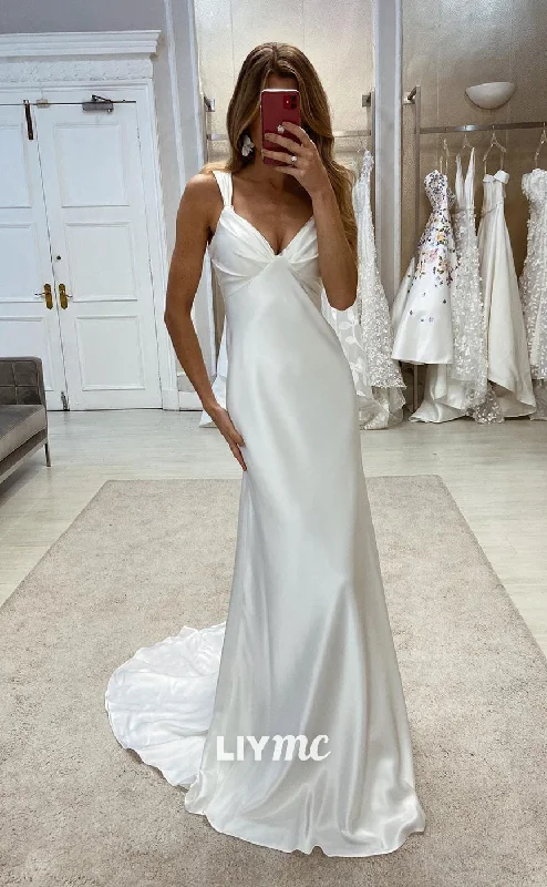 Weekend Sale Marathon LW332 - Sexy V Neck Satin Pleated Mermaid Simple Wedding Dress