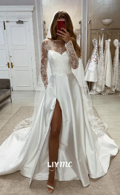 Weekend Bargain Weekends LW333 - A Line Illusion Neckline Lace Long Sleeves Elegant Wedding Dress with Pockets