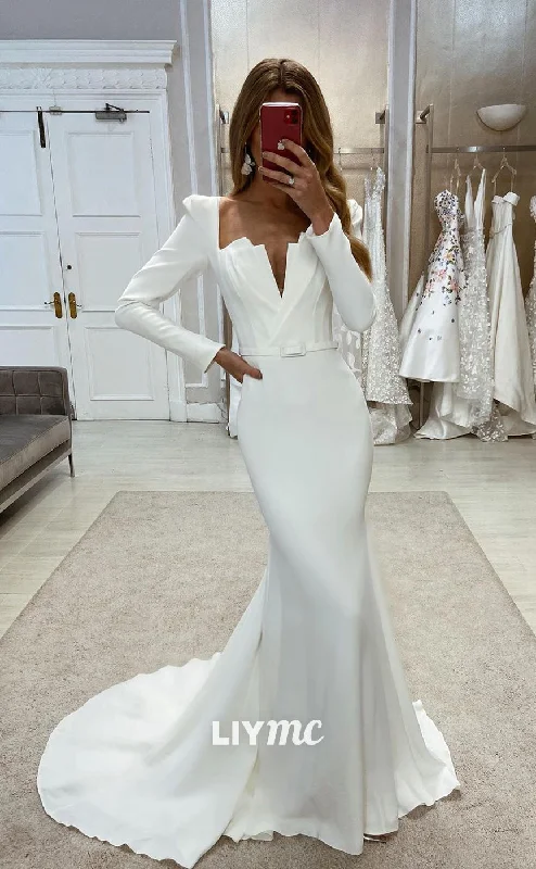 Weekend Big Savings LW334 - Sexy V Neck Long Sleeves Satin Elegant Mermaid Wedding Dress