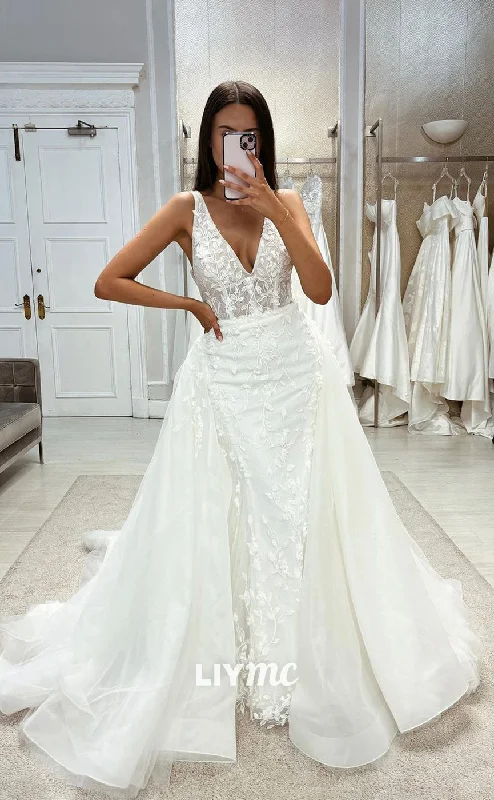 Weekend Flash Savings LW336 - Sexy V Neck Allover Lace Mermaid Wedding Dress with Detachable Skirt