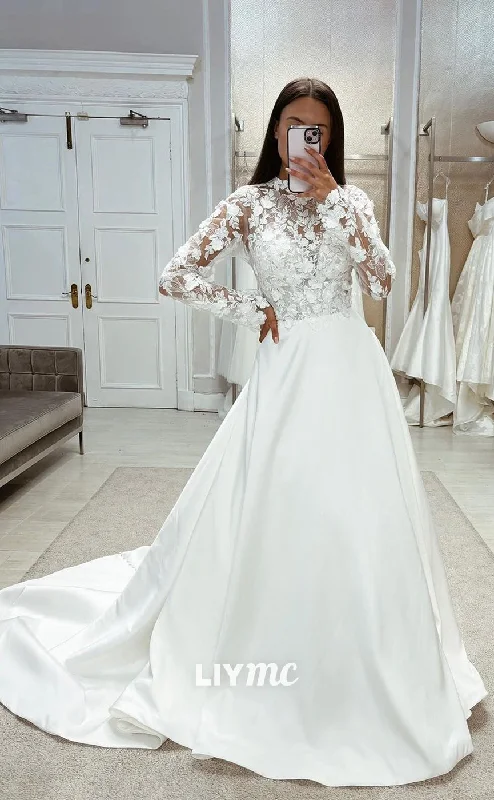 Weekend Shopping Fiesta LW337 - Illusion High Neck Lace Long Sleeves A Line Elegant Wedding Dress