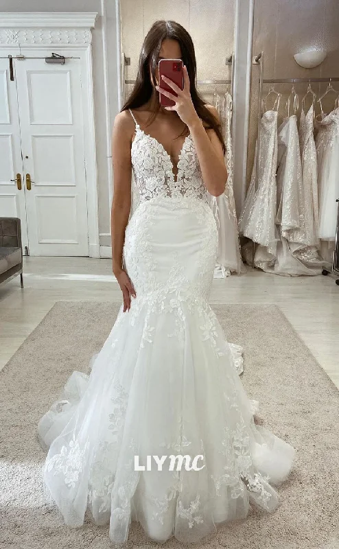 Weekend Special Discounts LW338 - Illusion V Neck Lace Appliques Mermaid Wedding Dress