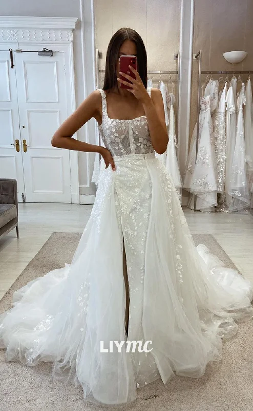 Weekend Savings Bonanza LW340 - Spaghetti Straps Romantic Lace Mermaid Wedding Dress with Detachable Skirt