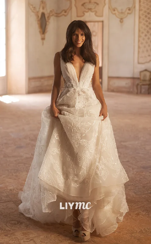 Weekend Sale Extravaganza LW342 - A Line Deep V Neck Lace Appliques Modest Wedding Dress