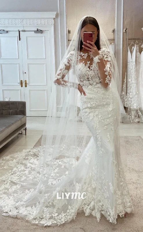 Weekend Best Deals LW348 - Illusion Neckline Long Sleeves Lace Mermaid Wedding Dress