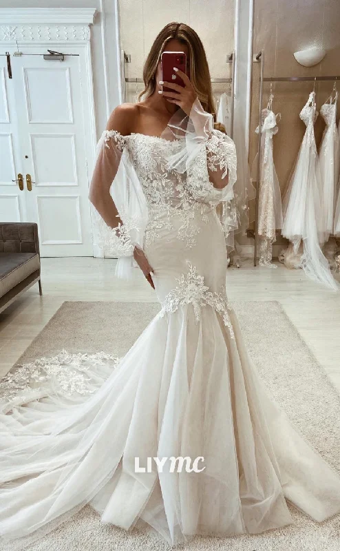 Weekend Deal Fever LW349 - Off Shoulder Lace Appliques Long Sleeves Mermaid Wedding Dress
