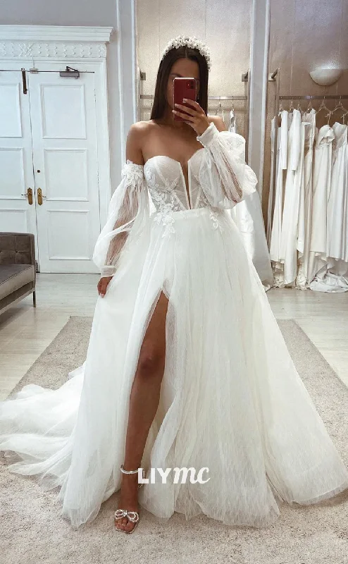 Weekend Special Bargains LW351 - A Line Illusion V Neck Detachable Sleeves Elegant Wedding Dress with Slit