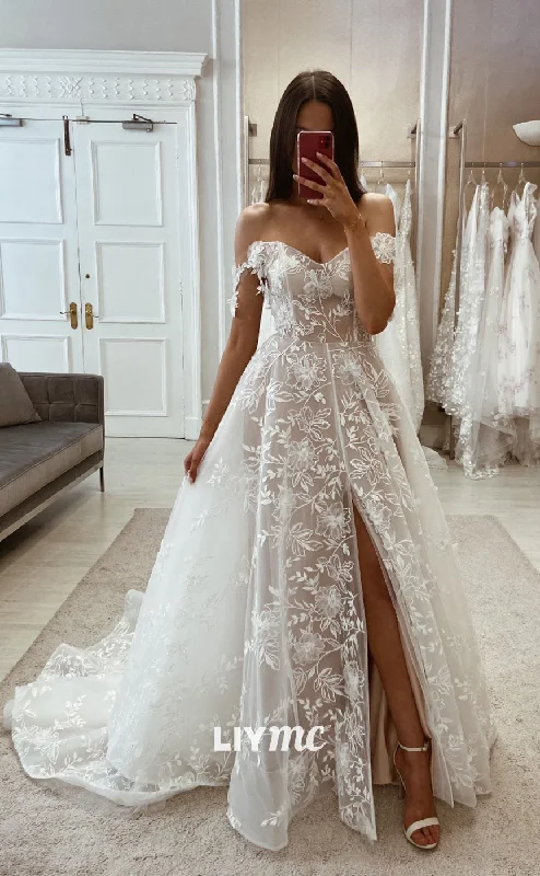Weekend Shopping Fever LW352 - A Line Off Shoulder Romantic Lace Wedding Dress with Slit