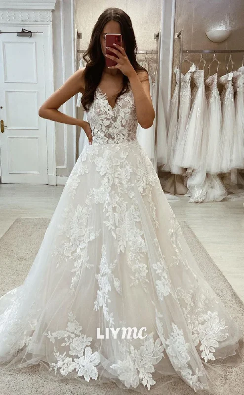 Weekend Buy One Get One LW353 - A Line V Neck Lace Appliques Modest Wedding Dress