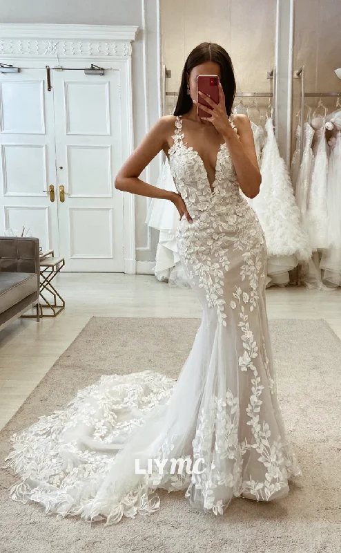 Weekend Super Sale LW360 - Plunging V Neck Lace Appliques Mermaid Wedding Dress