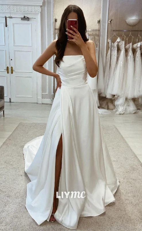 Weekend Bargain Blast LW361 - A Line Strapless Satin Ruched Elegant Wedding Dress with Slit