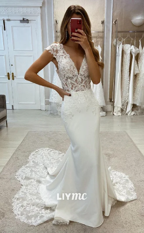 Weekend Deal Rush LW362 - Illusion V Neck Lace Top Mermaid Wedding Dress with Court Train