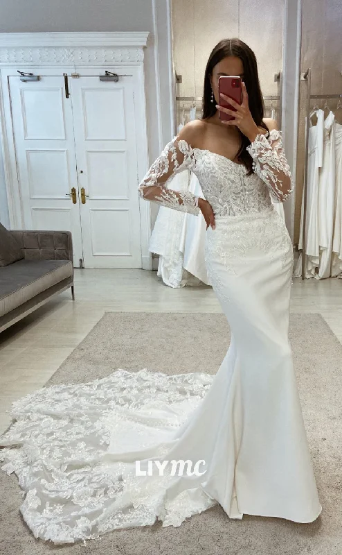 Weekend Special Sale LW363 - Off Shoulder Lace Appliques Long Sleeves Mermaid Wedding Dress
