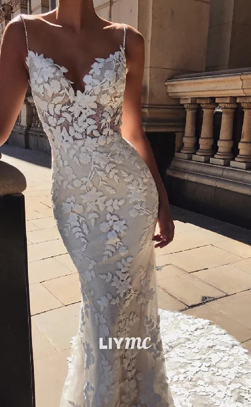 Weekend Shopping Extravaganza LW367 - Spaghetti Straps Allover Lace Mermaid Wedding Dress with Court Train