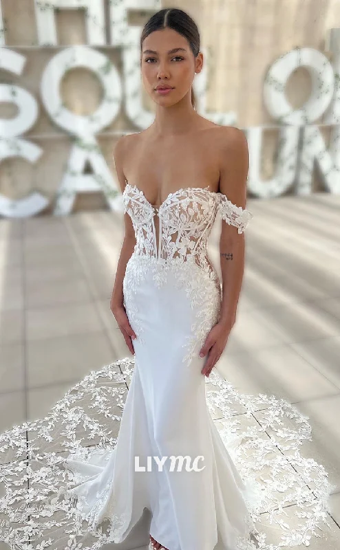 Weekend Mega Deals LW368 - Illusion V neck Lace Appliques Mermaid Wedding Dress