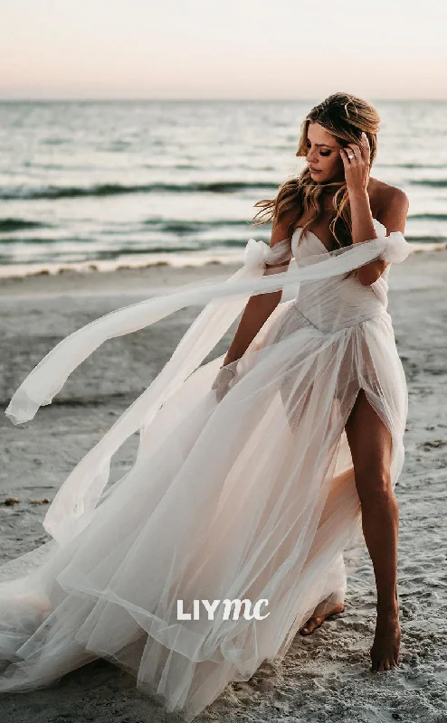 Weekend Flash Sale LW369 - A Line Sweetheart Tulle Ruched Beach Wedding Dress with Slit